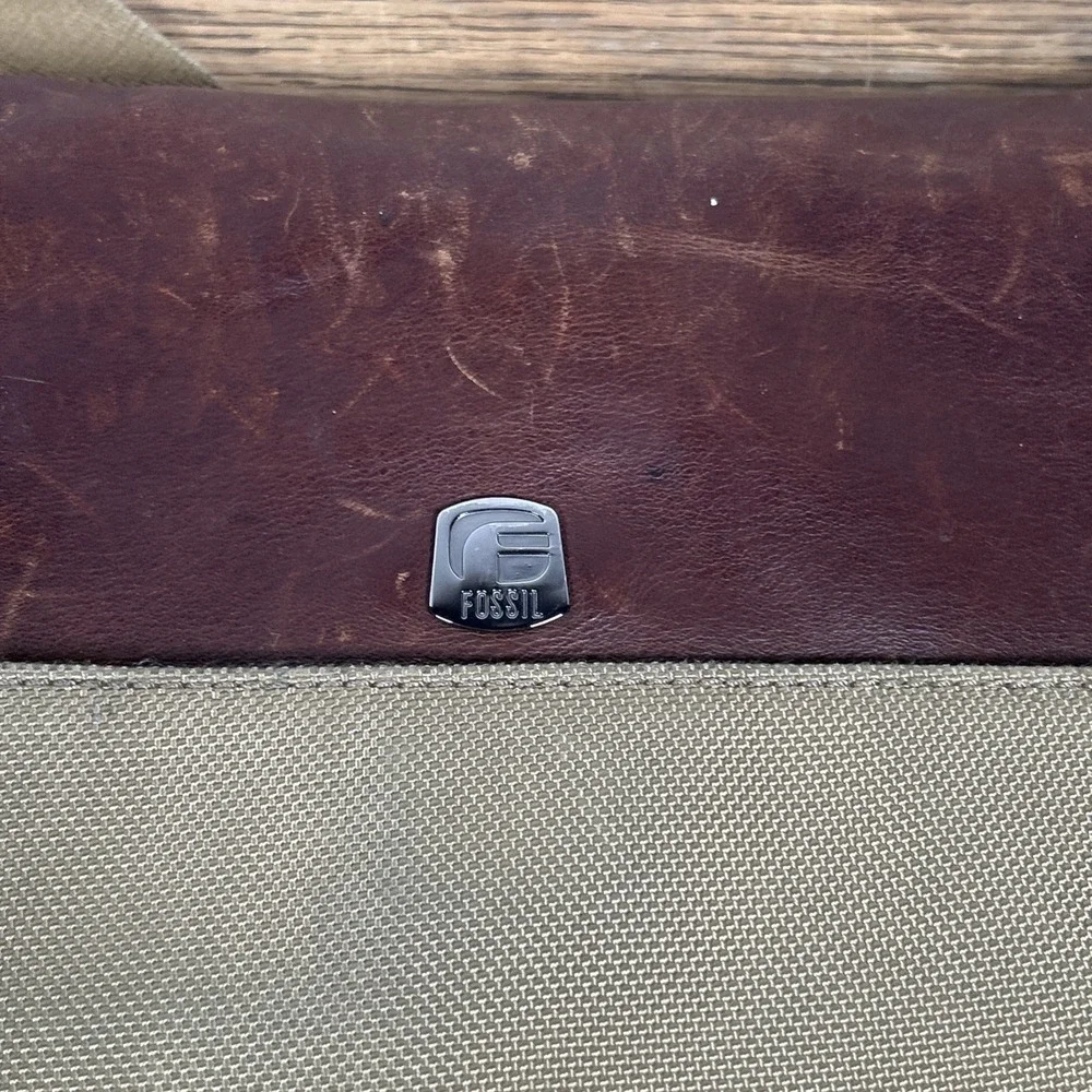 Fossil Messenger Bag‎ Men's Green Brown Nylon Leather Case Carry Distressed